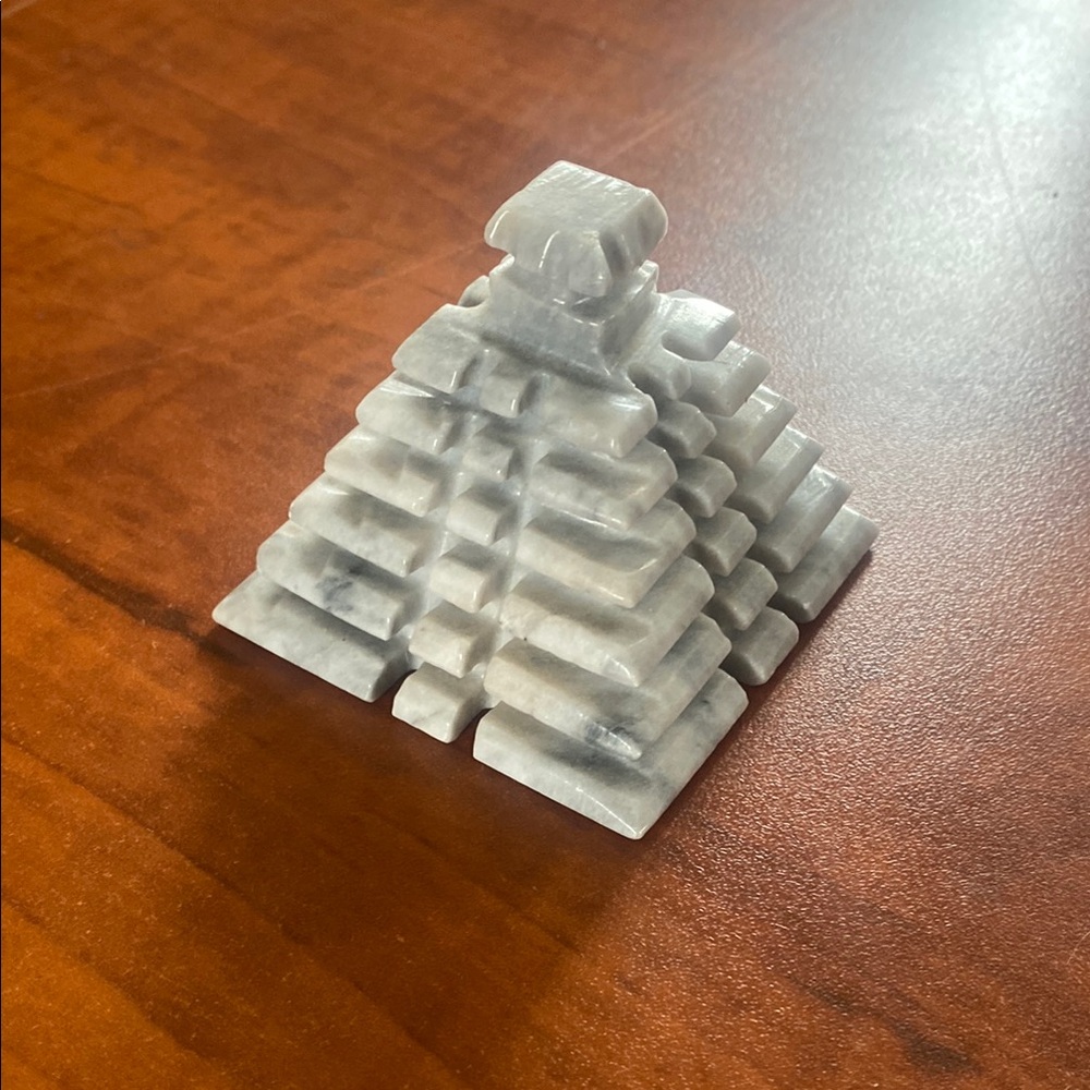 Carved Marble Pyramid Figure - White Gray Stone